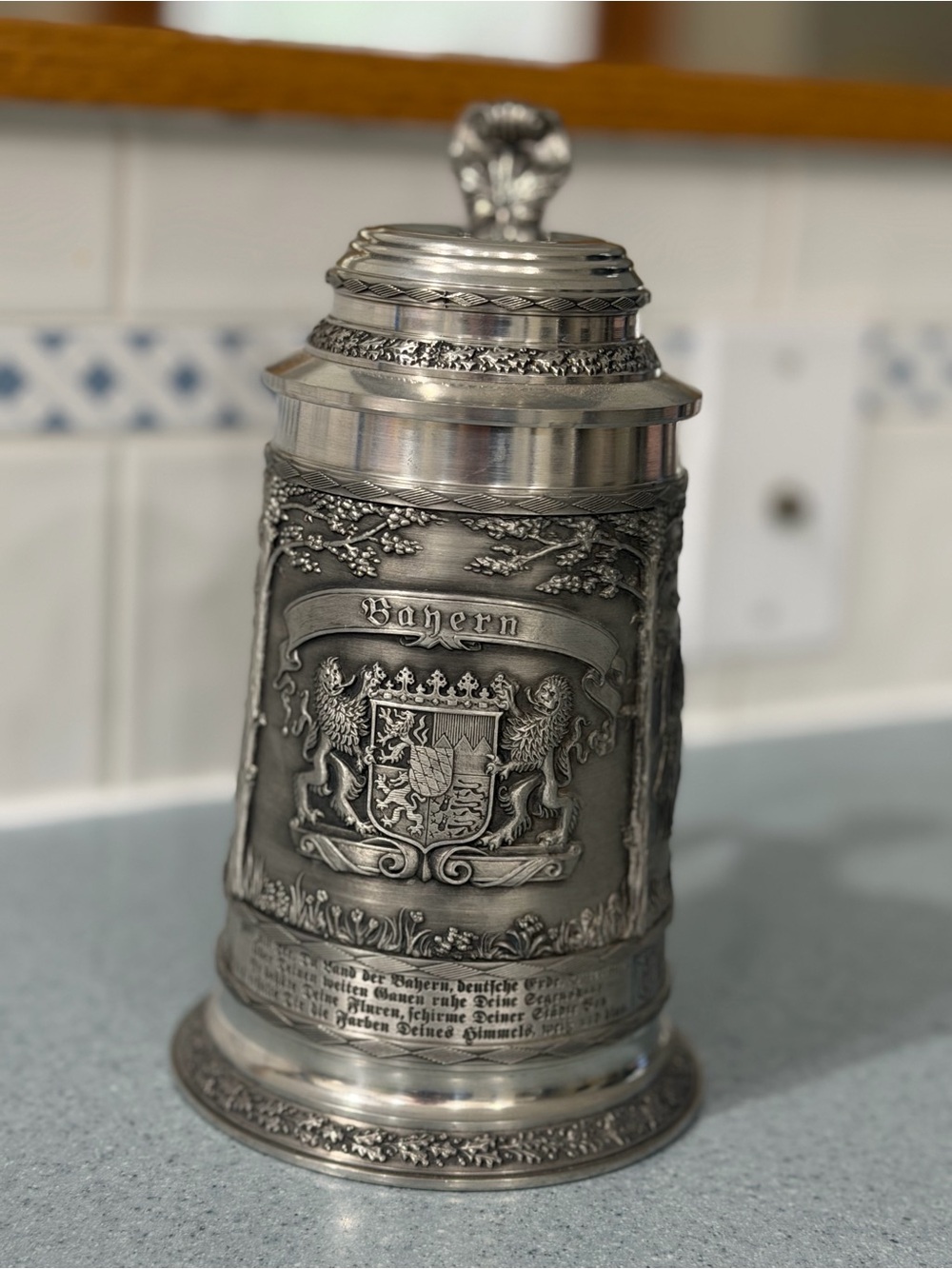 1970s SKS - Zinn Bavaria Germany Beer Stein Coat of Arms Lidded Authentic